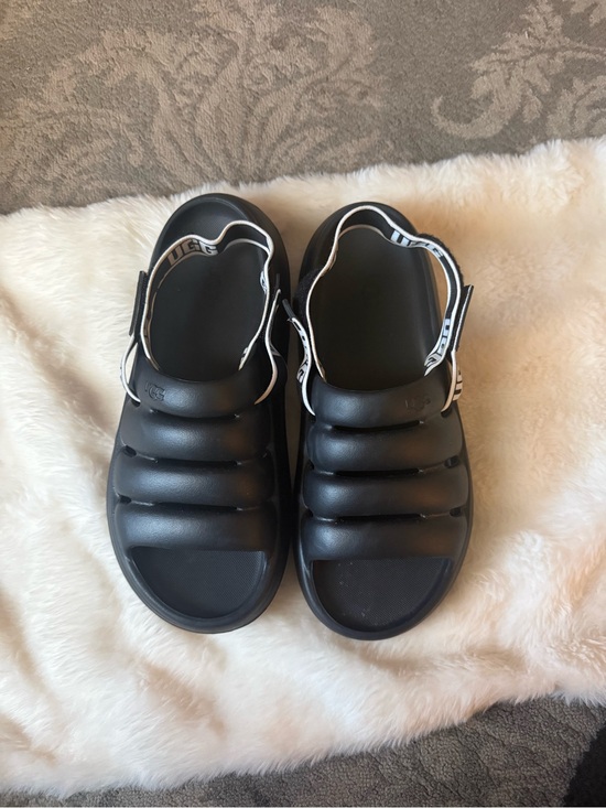 UGG Shoes - UGG Black Puffer Slide Sandals with White-Trim Straps